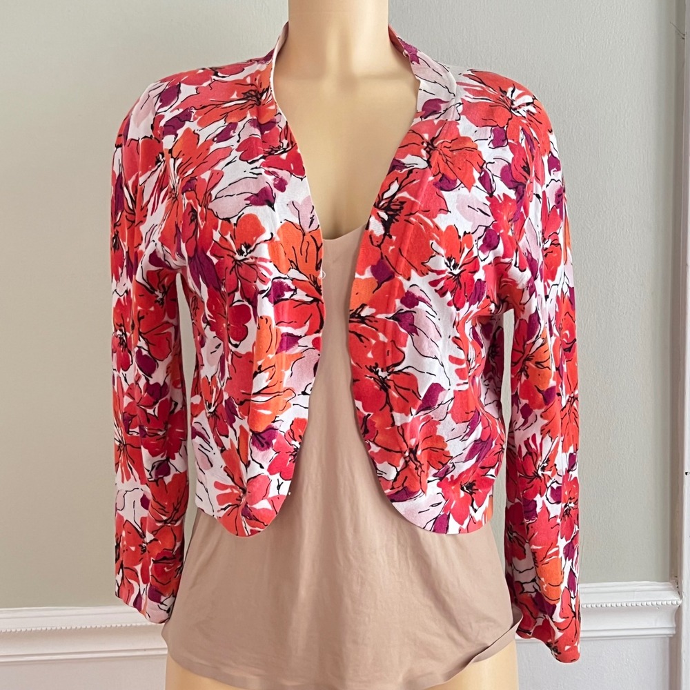 Spense Floral Cardigan Womens Medium Cropped Open Front Orange Pink Shrug Bolero